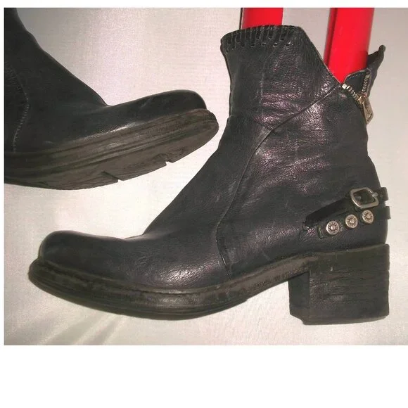 A.S.98 Black-Leather Moto-Style Harness Boots Handmade in Italy 42/10.5M $395 - Picture 5 of 13